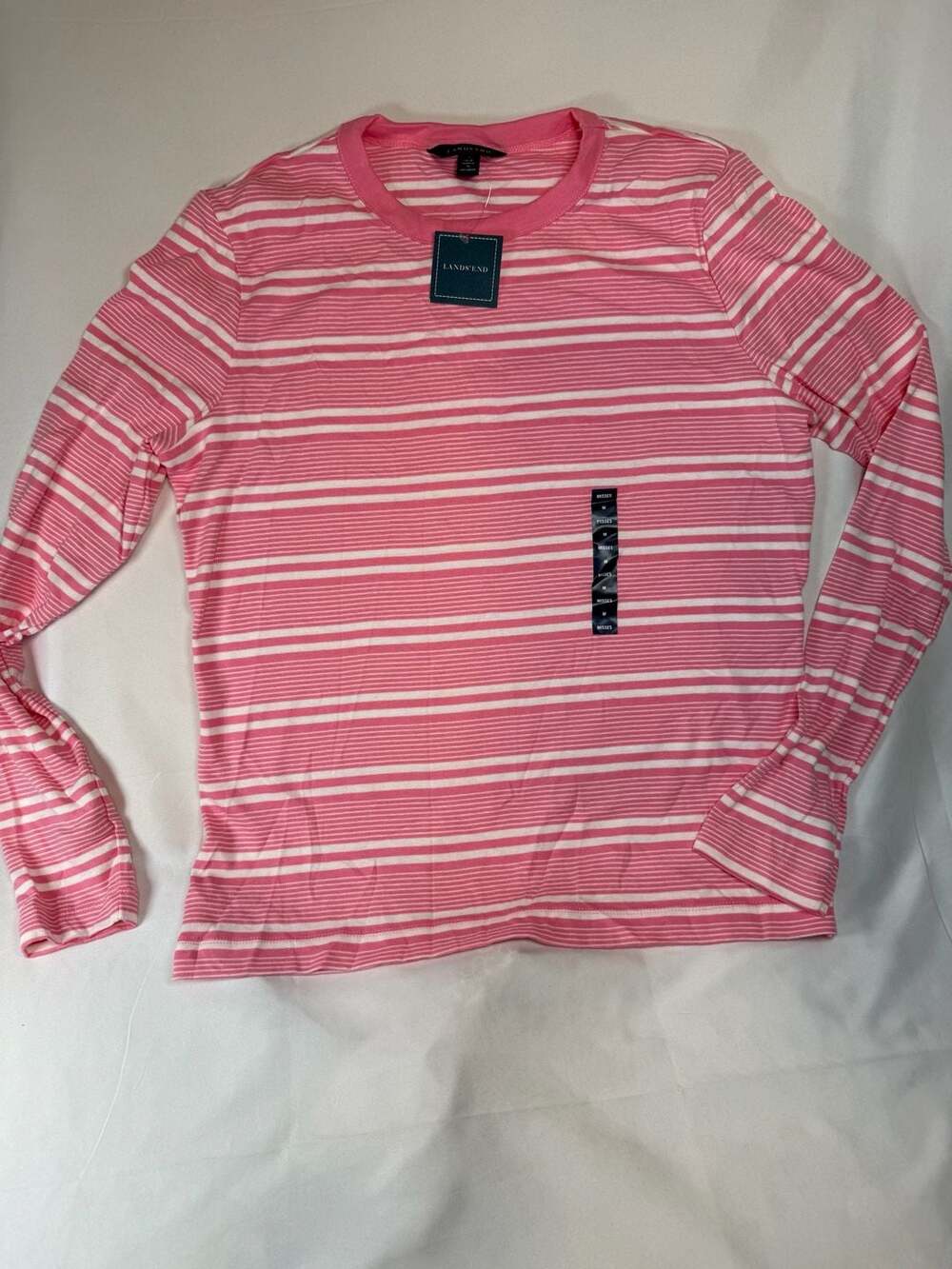 Lands' End Women's Clear Pink/Ivory Stripe Long Sleeve 1x1 Rib Tee